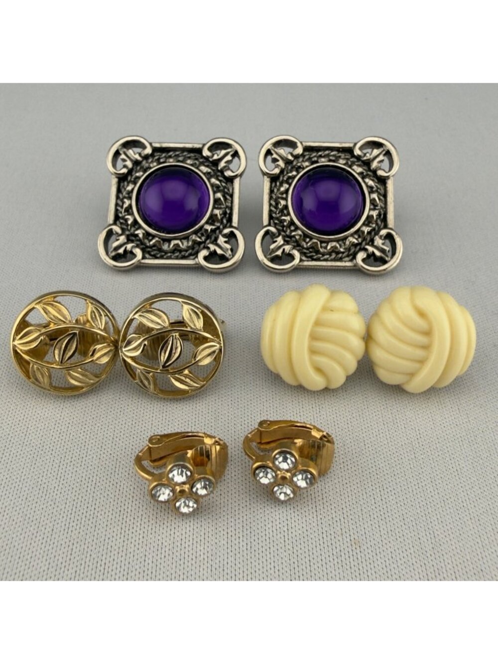 Vintage Avon Clip On Earrings Lot 4 Pairs Rhinestone Chunky Openwork Knot Retro